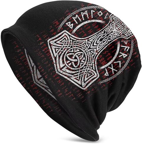 Unique 3D Design Viking Beanie with Skull Print in Black Versatile Slouchy Knit Hat for Men and Women for Year Round-Use in Kuwait