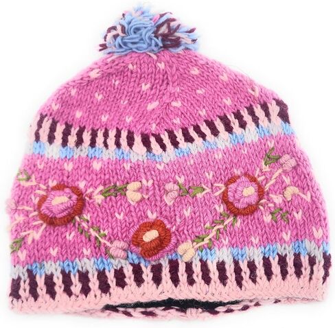 Hand Knit Warm Wool Beanie Hat with Colorful Embroidery and Applique Flower Detail Fleece Lined Made in Nepal in Saudi Arabia