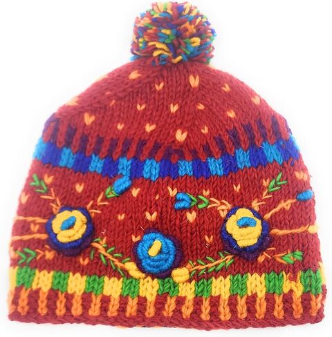 Hand Knit Warm Wool Beanie Hat with Colorful Embroidery and Applique Flower Detail Fleece Lined Made in Nepal in Saudi Arabia