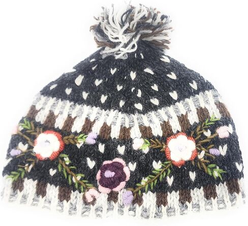 Hand Knit Warm Wool Beanie Hat with Colorful Embroidery and Applique Flower Detail Fleece Lined Made in Nepal in Saudi Arabia