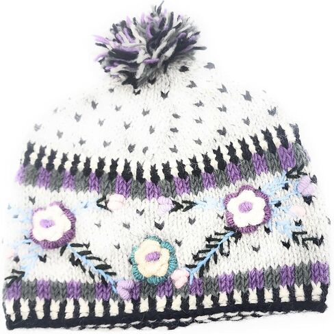 Hand Knit Warm Wool Beanie Hat with Colorful Embroidery and Applique Flower Detail Fleece Lined Made in Nepal in Saudi Arabia