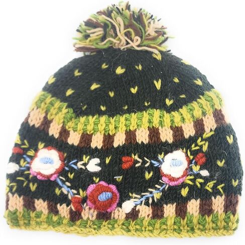 Hand Knit Warm Wool Beanie Hat with Colorful Embroidery and Applique Flower Detail Fleece Lined Made in Nepal in Saudi Arabia