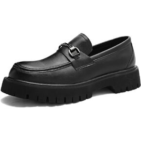 Men's Patent Leather Chunky Loafers Fashion Metal Buckle Slip-On Platform Dress Shoes Lug Sole Casual Business Work Shoes in Saudi Arabia