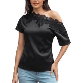 Women Off The Shoulder Satin Tops with Lace – Asymmetrical Y2K Shirt Going Out Blouse for Date Night & Work Out in Saudi Arabia