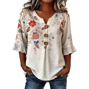 250 Anniversary USA Shirt Women American Flag Linen Button Down Shirt Patriotic 4Th of July 3/4 Sleeve Length Tops in Saudi Arabia