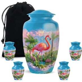 Pink Flamingo Burial Urn Set of 5, Blue Small Urns for Human Ashes Keepsake, Tropical Landscape & Palm Trees Decorative Urns, Large Cremation Urn for Mom & Dad, (1 Large, 10" & 4 Small, 3") in Saudi Arabia