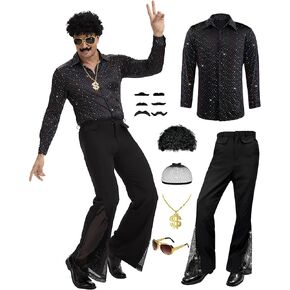 6 Pcs Mens 70s Disco Outfits Retro 80s Costume with Retro Shirt Bell Bottom Pants Wig Sunglasses Necklace Mustache in Saudi Arabia