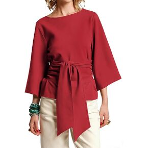 Women's Waist Belted Blouse Crew Neck 3/4 Trumpet Sleeve Casual Tunic Loose Fit Tops in Saudi Arabia