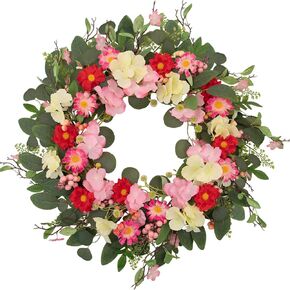24 Inch Spring Summer Wreaths for Front Door, Artificial Eucalyptus Wreath with Pink Red Flowers, Farmhouse Rustic Door Wreath for Wall Window Porch Home Decor, Mother's Day All Season Decor in Saudi Arabia