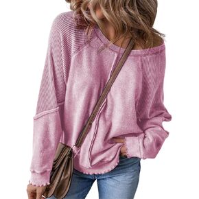 SELINK Womens Oversized Waffle Knit Patchwork Exposed Long Sleeve Crew Neck Sweatshirt Casual Loose Pullover Tops in Saudi Arabia