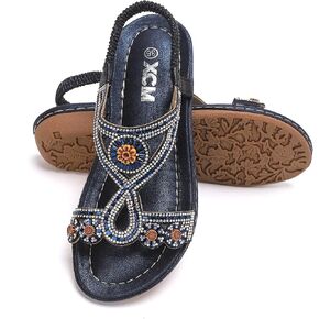 XCM Womens Bohemian Flats Sandals Dressy Rhinestones Elastic Ankle Strap | Comfortable Boho Flip Flops Sandals Arch Support Summer Beach Shoes Walking Casual Vacation in Saudi Arabia