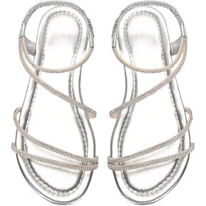 GORGLITTER Women's Rhinestone Strappy Sparkly Sandals Criss Cross Leather Open Toe Ankle Strap Flat Sandals Wedding Dressy Shoes in Saudi Arabia
