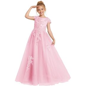 Lace Applique Junior Bridesmaid Dress Tulle Flower Girl Dresses Cap Sleeves First Communion Baptism Formal Gown 004 in Saudi Arabia
