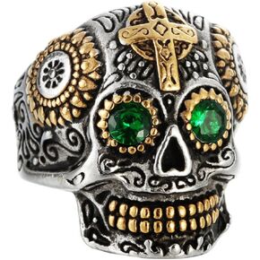 خاتم جمجمة السكر القوطي من Day of the Dead - خاتم متقاطع من الفولاذ المقاوم للصدأ مع عيون تشيكوسلوفاكيا خضراء/حمراء، مجوهرات عتيقة لراكبي الدراجات النارية للرجال والنساء in Kuwait