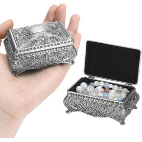 Vintage Metal Jewelry Gift Box with Floral Engraving, Small Antique Treasure Trinket Storage Chest for Rings Earring Necklace, Vanity Keepsake Holder Case for Women Home Decor (Antique Silver) in Saudi Arabia