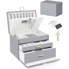 DesignSter Jewelry Box for Women Girl, 3-layer Lockable Jewelry Organizer with Mirror, Large Leather Jewelry Case for Earring Necklace Ring Bracelet Watch, Portable Jewelry Storage Box in Saudi Arabia