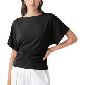SeeLuNa Casual Womens Tops Boat Neck Pullover Shirts Batwing Short Sleeve Side Ruched Tunic Corset Top Work Blouse Basic Tee in Saudi Arabia