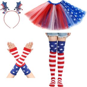 CBLUO 4th Of July Patriotic Headband Tutu Striped Stockings Gloves Red Blue White American Flag Star Headpiece Tights Skirt Women Independence Day Hair Hoops Halloween Cosplay Birthday Party Supplies in Saudi Arabia