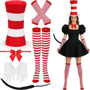 Cat Hat in White and Red Costumes Kit Accessories for Read Book Day Costume Including Headband Gloves Bow Tie Tail Gloves and Socks for 100th Day of School Cosplay Halloween Party in Saudi Arabia