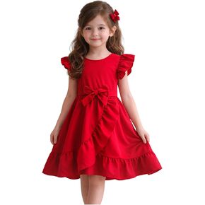 Little Girls Dresses for Summer, Ruffle Sleeve A Line Dress with Belt 4-8 Years in Saudi Arabia