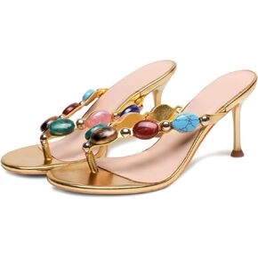 Jewelled Thong Heeled Sandals for Women Slip On Round Open Toe Flip Flop Pumps Mules Summer Strappy High Heels Dress Wedding Shoes in Saudi Arabia