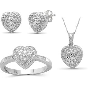 JEWELEXCESS 3-Piece White Diamond Sterling Silver Earrings Set, Sterling Silver Necklace, Sterling Silver Rings – Heart Shaped Jewelry – Jewelry Sets for Women – Birthday Gifts in Saudi Arabia
