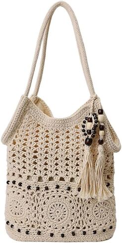 Boho Crochet Tote Bag for Women, Summer Vacation Woven Shoulder Handbags, Bohemian Handmade Knit Beach Purse in Saudi Arabia