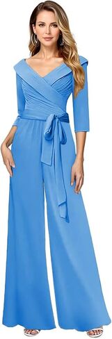 Chiffon Mother of The Bride Jumpsuit for Women V Neck Bow Formal Wedding Guest Outfit with 3/4 Sleeve HX036 in Saudi Arabia