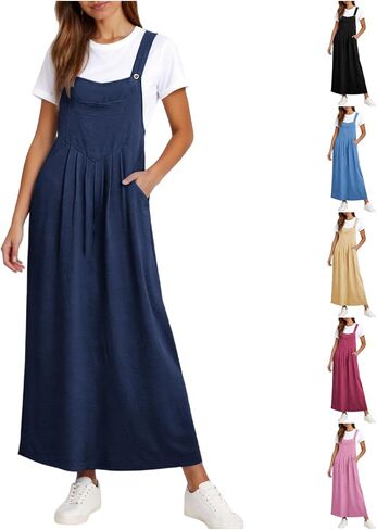 Overall Dress for Women Summer Long Jumper Dress Adjustable Strap A Line Pinafore Maxi Dresses with Pockets in Saudi Arabia