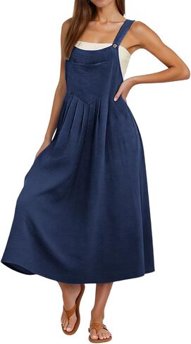 Overall Dress for Women Summer Long Jumper Dress Adjustable Strap A Line Pinafore Maxi Dresses with Pockets in Saudi Arabia