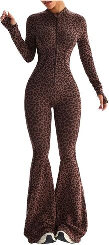 BEAUDRM Women's Cheetah Long Sleeve Workout Jumpsuit Leopard Yoga Workout Set Mock Neck Flare Leggings Romper Gym Clothes in Kuwait