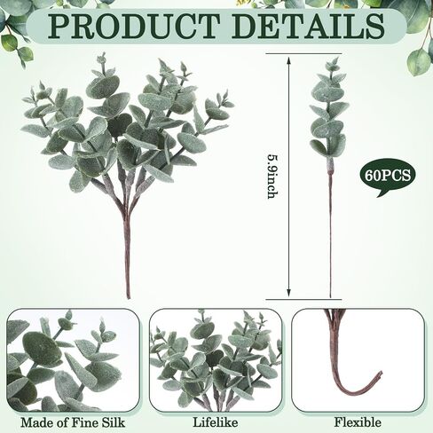 60 Pcs Mini Eucalyptus Stems 6 Inch Artificial Greenery Stem for DIY Bridal Wedding Vase Bouquet Floral Arrangement Centerpiece Baby Shower Home Table Decor Floating Candles in Saudi Arabia