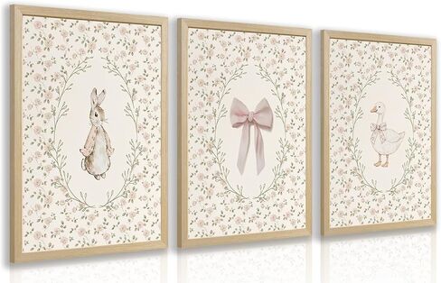 PORENY Baby Girl Nursery Wall Art Set of 3, Pink Bow Rabbit Goose Canvas Prints, Cute Floral Nursery Decor, Vintage Neutral Animal Artwork for Girls Room Kids Bedroom Wood Framed 12x16 Inch in Kuwait