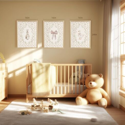 PORENY Baby Girl Nursery Wall Art Set of 3, Pink Bow Rabbit Goose Canvas Prints, Cute Floral Nursery Decor, Vintage Neutral Animal Artwork for Girls Room Kids Bedroom Wood Framed 12x16 Inch in Kuwait