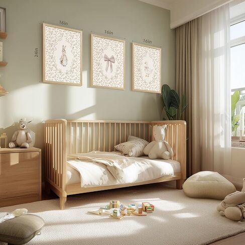 PORENY Baby Girl Nursery Wall Art Set of 3, Pink Bow Rabbit Goose Canvas Prints, Cute Floral Nursery Decor, Vintage Neutral Animal Artwork for Girls Room Kids Bedroom Wood Framed 12x16 Inch in Kuwait