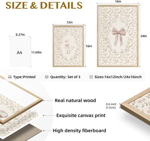 PORENY Baby Girl Nursery Wall Art Set of 3, Pink Bow Rabbit Goose Canvas Prints, Cute Floral Nursery Decor, Vintage Neutral Animal Artwork for Girls Room Kids Bedroom Wood Framed 12x16 Inch in Kuwait