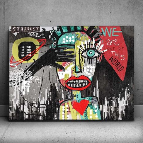 Stardust Babe Basquiat Wall Art - Colorful 24x18 Abstract Wall Decor in Iconic Neo-Expressionism & Graffiti Style - Bright Portrait Painting w/ 1.50" Gallery - Graffiti Art For Modern Spaces in Kuwait
