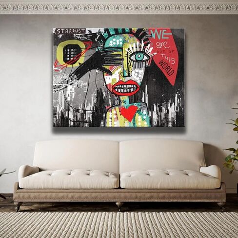 Stardust Babe Basquiat Wall Art - Colorful 24x18 Abstract Wall Decor in Iconic Neo-Expressionism & Graffiti Style - Bright Portrait Painting w/ 1.50" Gallery - Graffiti Art For Modern Spaces in Kuwait