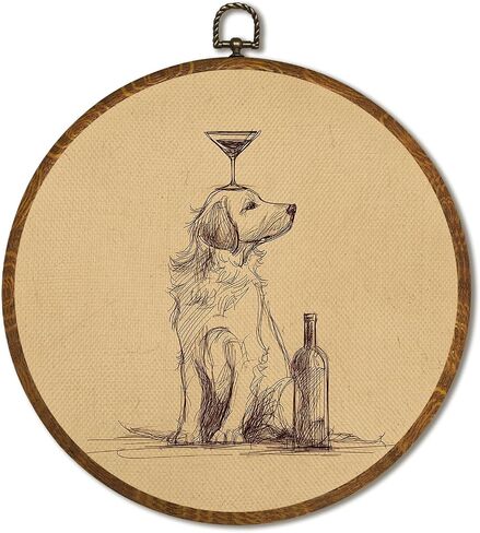 Vintage Golden Retriever Wall Art Decor 10x10Inch, Retro Bar Circular Wall Art Framed Canvas Print Decor, Retro Animal Portrait Country Art Decor for Home Farmhouse Bedroom Living Room (Dog) in Saudi Arabia