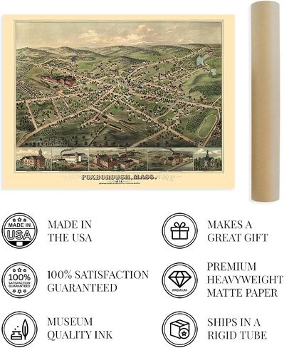 HISTORIX Vintage 1879 Foxborough Massachusetts Map - 18x24 Inch Vintage Map of Foxborough Wall Art - Old Foxborough Massachusetts Wall Map History in Saudi Arabia