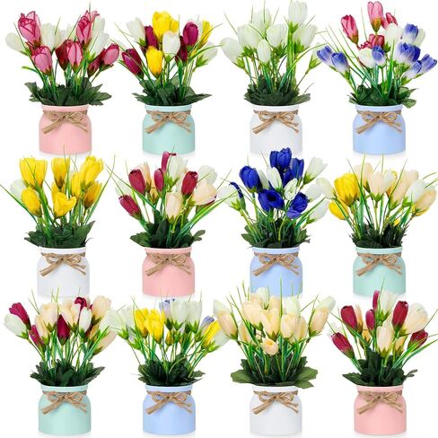 Suncalla 12 Pcs Artificial Flower Plants Small Fake Plants with Pot Mini Faux Potted Plant for Floral Tables Centerpieces Decoration Home Bathroom Office Window Tabletop Decor (Colorful Flower) in Kuwait