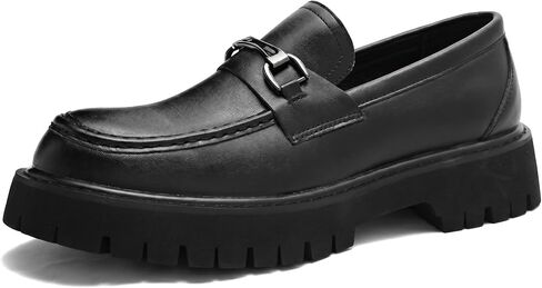 Men's Patent Leather Chunky Loafers Fashion Metal Buckle Slip-On Platform Dress Shoes Lug Sole Casual Business Work Shoes in Saudi Arabia