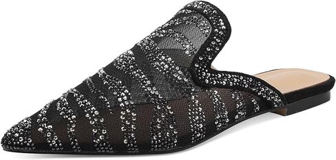 Women's Pointed Toe Rhinestone Mesh Mules Backless Slip-On Flat Dress Shoes for Party Evening in Saudi Arabia