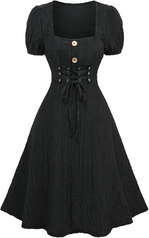 فستان DRESSFO نسائي على شكل حرف A بأكمام منتفخة على الطراز القوطي - فستان قصير منسوج بأربطة مع أزرار وهمية ورقبة مربعة in Kuwait