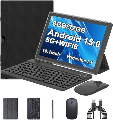 Android 15 Tablet, 10 Inch 8GB RAM+32GB ROM+1TB Expand, 1.8Ghz Quad-core Processor, 2 in 1 Tablets with Keyboard/ Mouse/ Case/ Stylus, 8MP Camera, 6000mAh Battery, 1280*800 HD Screen, 5G WiFi 6 Tablet in Kuwait