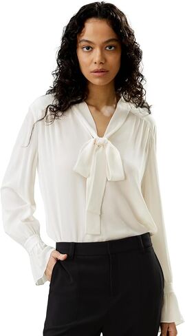 LilySilk Womens Pure Silk Shirt Ladies 23MM Mulberry Silk Bow Tie Blouse with Neckline Ribbon and Pleated Cuffs in Kuwait