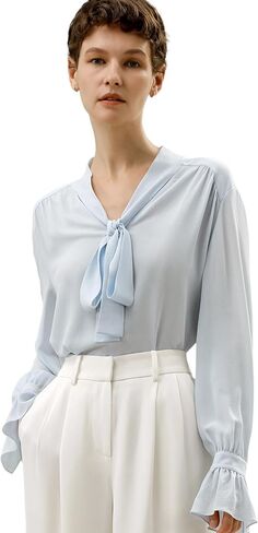 LilySilk Womens Pure Silk Shirt Ladies 23MM Mulberry Silk Bow Tie Blouse with Neckline Ribbon and Pleated Cuffs in Kuwait