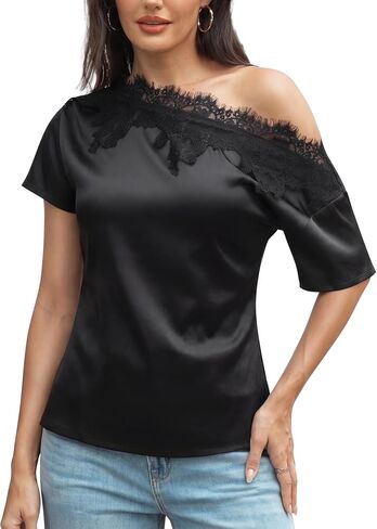 Women Off The Shoulder Satin Tops with Lace – Asymmetrical Y2K Shirt Going Out Blouse for Date Night & Work Out in Saudi Arabia