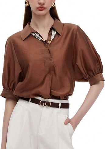 Women's Summer Loose Fit Blouse with Silk Scarf, Tencel V-Neck Short Sleeve Lightweight Thin Shirts for Business Work Casual in Kuwait