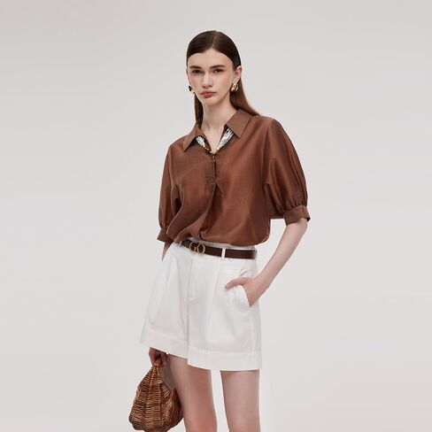 Women's Summer Loose Fit Blouse with Silk Scarf, Tencel V-Neck Short Sleeve Lightweight Thin Shirts for Business Work Casual in Kuwait